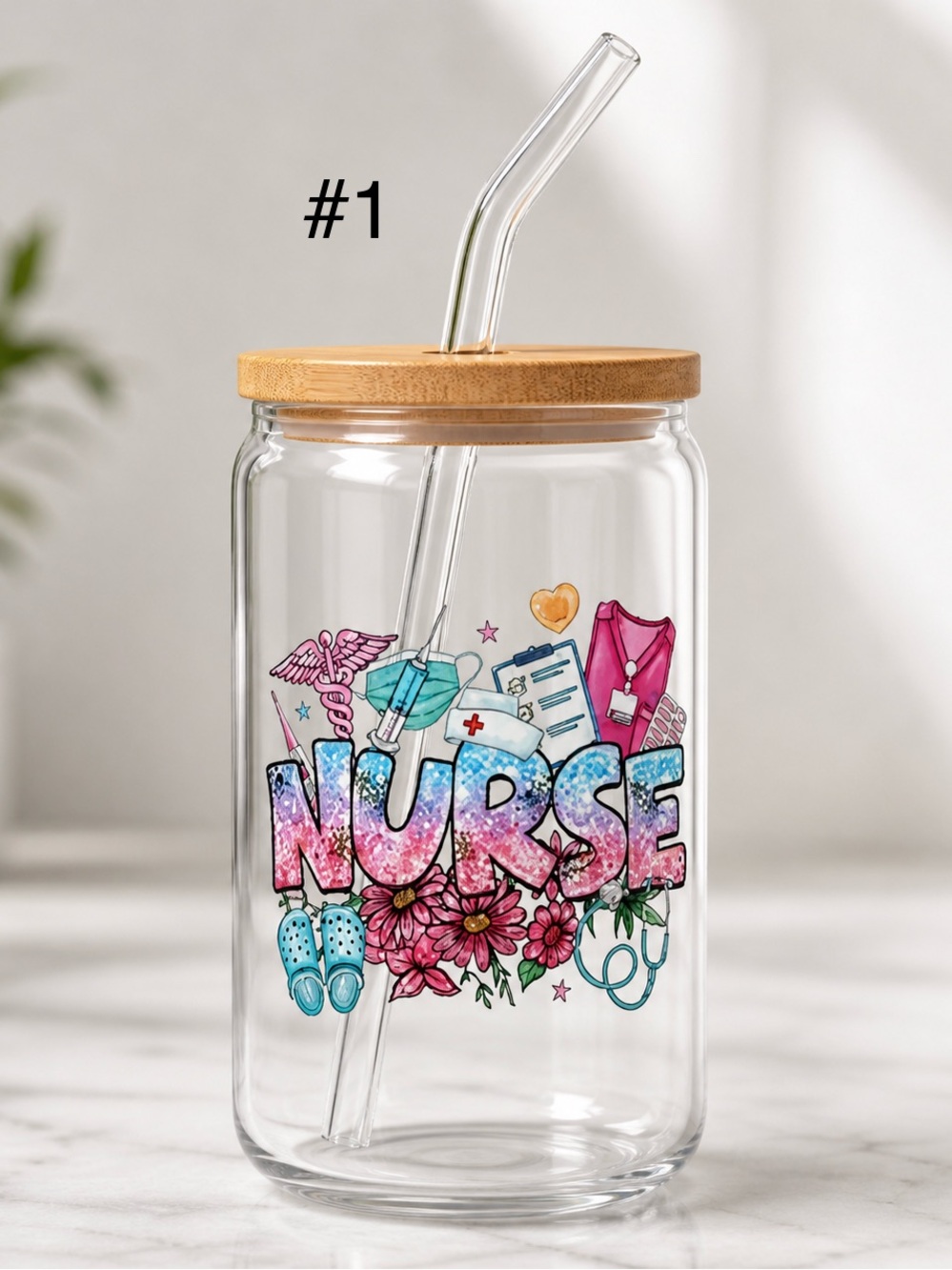Nurse Glass Jar Tumbler with Bamboo Lid and Straw - Pink Accent